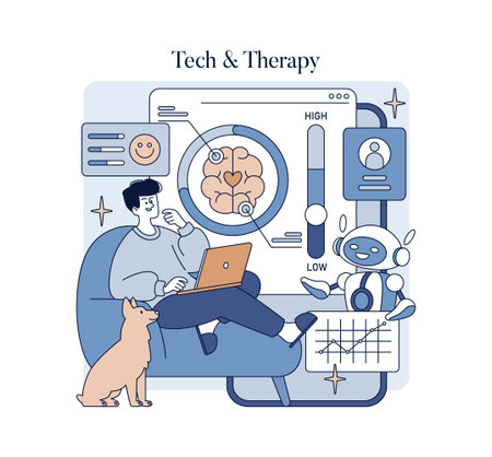 Man sits on a couch using a laptop, engaging with a robot about mental health. Background features a brain diagram and emotional indicators. Includes a dog observing the interaction.のイラスト素材