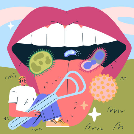 Vector illustration showing a giant mouth with a large tongue exposed, covered in cartoon bacteria. A person holds a tongue cleaner nearby, emphasizing oral hygiene concepts.のイラスト素材