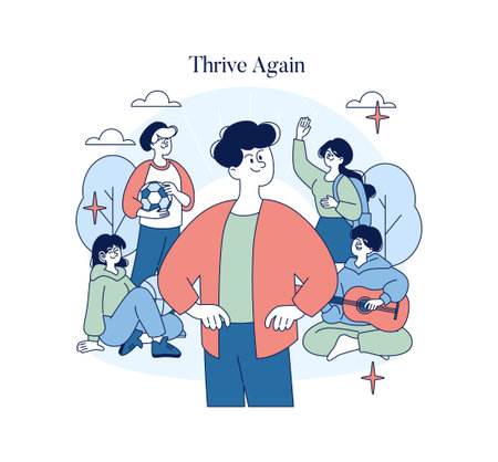 Vector illustration of a group of friends engaged in outdoor activities. They embody community and happiness, surrounded by nature, sitting, playing guitar, and chatting cheerfully.のイラスト素材