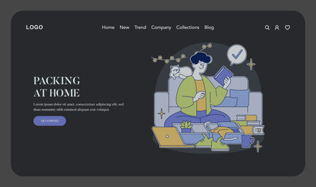Vector illustration of a person packing at home, surrounded by books, gadgets, and a pet cat. The individual appears organized and content while preparing belongings.のイラスト素材