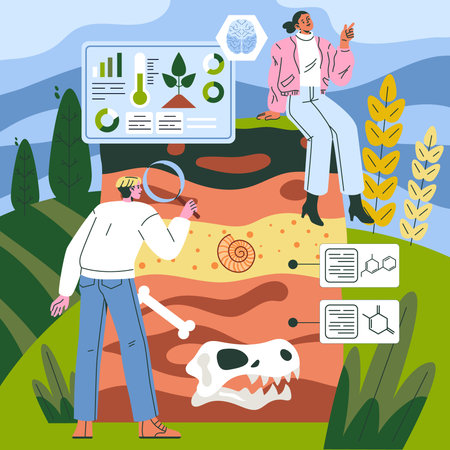 Vector illustration of two people engaging in fossil analysis using interactive technology on a hillside. They explore layers of soil containing ancient fossils and scientific data.のイラスト素材