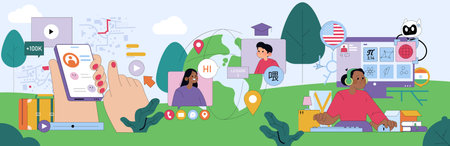 Vector illustration depicting various aspects of online learning and communication. Shows people...