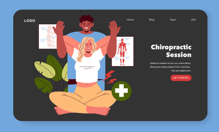 Vector illustration depicting a chiropractic session with a woman and a therapist. The woman is seated in a relaxed posture, arms raised, while the therapist supports her from behind, both smiling.のイラスト素材