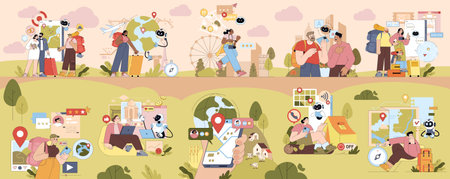 Vector illustration depicting diverse travelers interacting with robots and using digital tools for...