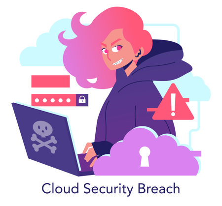Hacker targeting cloud security depicted in this vibrant vector illustration. The character, with a mischievous expression, faces a laptop marked with a skull icon, symbolizing potential cyber threats.のイラスト素材