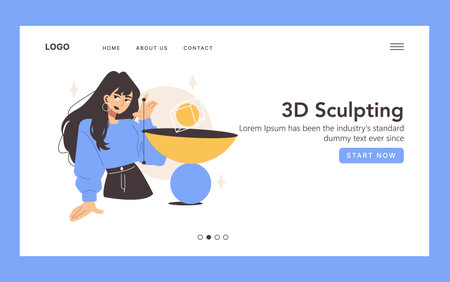 Vector illustration of a website banner featuring a woman demonstrating 3D art creation. She interacts with virtual shapes, suggesting creativity and technology in graphic design.のイラスト素材