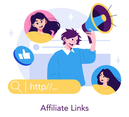 Vector illustration of a person using a megaphone symbolizing promotion and communication in affiliate marketing. Other people and social media icons represent online interaction.のイラスト素材