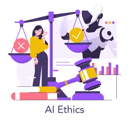 Vector illustration depicting AI ethics, featuring a robot and a person with a justice scale. The action emphasizes the balance of ethical considerations in artificial intelligence.のイラスト素材