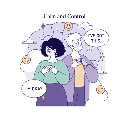 Two relaxed individuals express calm and control, holding their hands to their hearts while surrounded by smiling clouds. Inspirational vector illustration promotes mindfulness and positivity.のイラスト素材