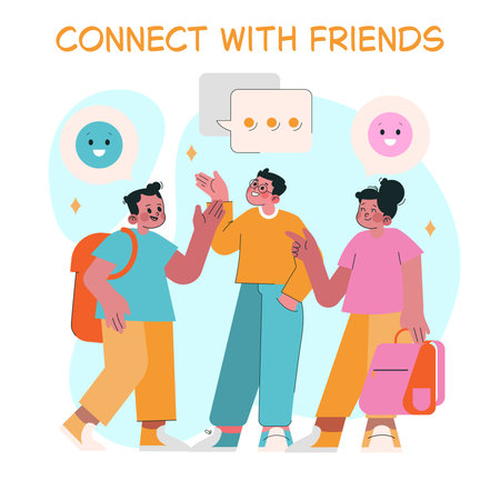 Vector illustration depicting three friends engaged in a lively conversation, smiling and expressing positive emotions as they connect with each other in a friendly setting.のイラスト素材