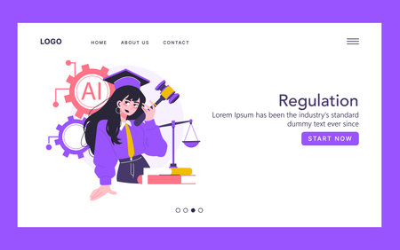 Vector illustration of a female graduate holding a gavel, symbolizing AI regulation. The background includes AI elements and scales of justice, emphasizing technology and law balance.のイラスト素材