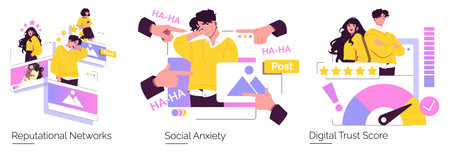 Vector illustration depicting social anxiety in online reputational networks. Features include a...