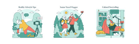 Vector illustration showcasing seniors involved in various lifestyle activities: practicing yoga,...