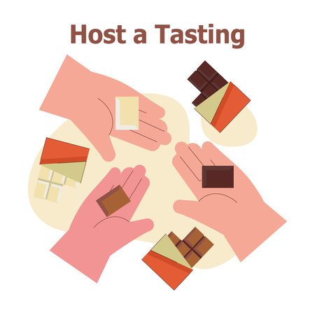 Hands holding different types of chocolate pieces invite viewers to participate in a tasting event. Vector illustration highlights diverse flavors and chocolate varieties.のイラスト素材