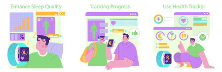 Vector illustration showing individuals using health trackers to monitor sleep quality and track fitness progress. Includes smartwatch, charts, and positive feedback elements.のイラスト素材