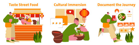 Vector illustration depicting engaging street food experiences, cultural immersion, and documenting the journey. Features vibrant colors and relatable characters enjoying food and travel.のイラスト素材