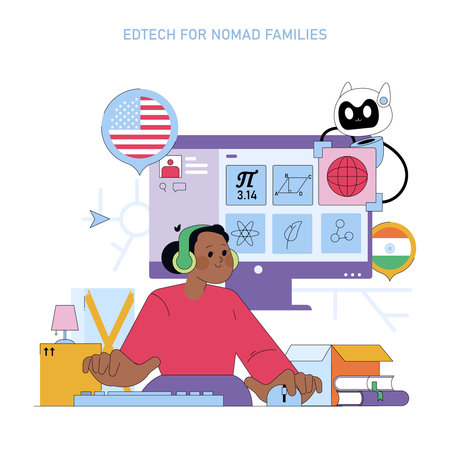 Vector illustration of a person engaged in online learning with educational symbols on a screen....