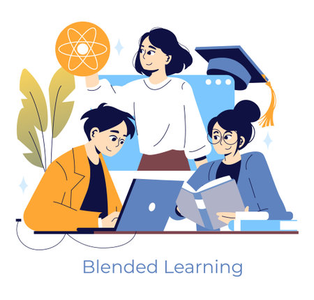 Blended learning concept vector illustration showing three people engaged in collaborative educational activities. One person uses a laptop, another reads a book, and a third holds an educational symbol, emphasizing teamwork and innovation.のイラスト素材