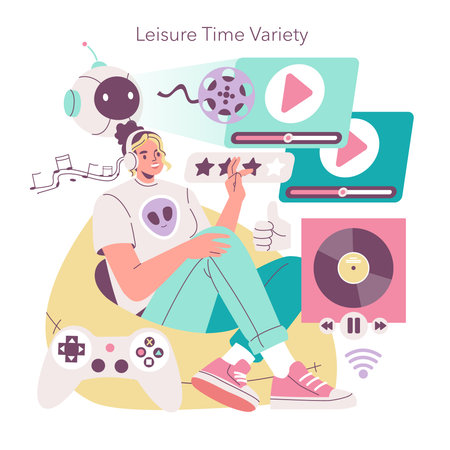 Vector illustration of a person enjoying various leisure activities at home, including gaming, listening to music, and watching videos. The concept focuses on relaxation and entertainment.のイラスト素材