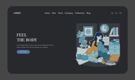 Vector illustration of a woman sitting with a cat, enjoying a peaceful moment in a cozy room. She is surrounded by books and a laptop, suggesting a calm and relaxing atmosphere.のイラスト素材