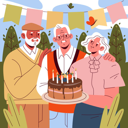 Elderly friends enjoy a birthday celebration outdoors, holding a cake with candles, surrounded by nature and decorations. Vector illustration showcases joy and friendship in a garden setting.のイラスト素材