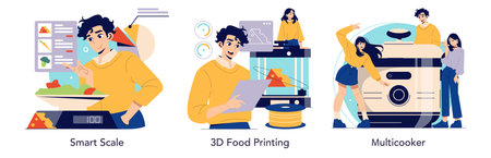 Vector illustration set showcasing smart kitchen technology including a smart scale with nutritional info, 3D food printer in use, and a playful introduction to a multicooker.のイラスト素材