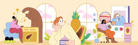 Vector illustration depicting cheerful individuals using skincare peel pads and engaging in digital consultation. Features playful elements like fruits and a digital interface for skincare advice.のイラスト素材