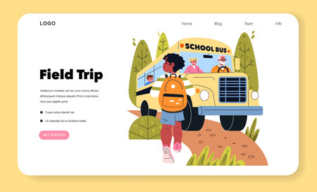 Child with a backpack approaches a school bus, with happy children inside. The illustration captures...
