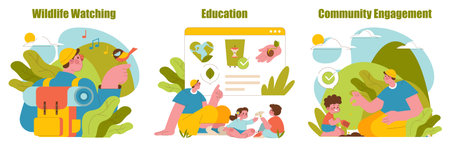 Vector illustration depicting outdoor activities such as wildlife watching, educational sessions, and community engagement. Features individuals enjoying nature, learning, and interacting.のイラスト素材