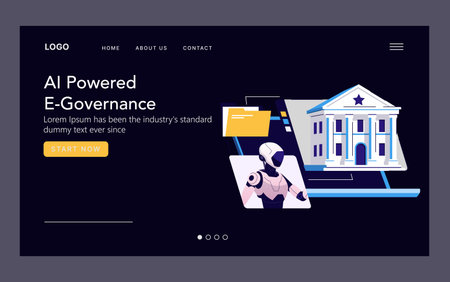 Vector illustration depicting an AI powered e-governance platform. Showcases a futuristic user interface with a robot and government building symbolizing digital governance transformation.のイラスト素材