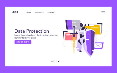 Data protection vector illustration featuring a robot holding a shield, symbolizing cybersecurity and safeguarding digital information. Ideal for security concepts and technology themes.のイラスト素材