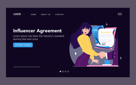 Vector illustration of a woman smiling while shaking hands after signing an influencer agreement. The digital banner features dynamic elements and engaging design suitable for business contexts.のイラスト素材