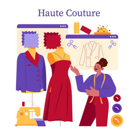 Fashion designer interacting with dress forms and a sewing machine, showcasing the haute couture design process. Vector illustration featuring fabric, patterns, and tailoring tools.のイラスト素材