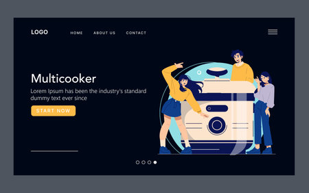 Vector illustration of a web interface promoting a multicooker, featuring animated characters expressing excitement. Includes menu options like Home and Contact, and a "Start Now" button.のイラスト素材