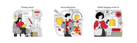Vector illustration depicting people engaging in online shopping, researching deals, and planning...