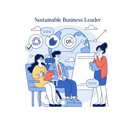 Vector illustration of a sustainable business meeting with three professionals engaging in discussions on eco-friendly practices. Includes symbols of recycling, CO2 reduction, and global sustainability.のイラスト素材