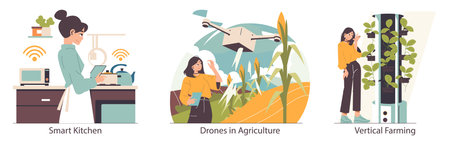 Vector illustration depicting a smart kitchen with a connected device, a drone flying over a field for agricultural purposes, and vertical farming technology showcasing innovative plant growth.のイラスト素材