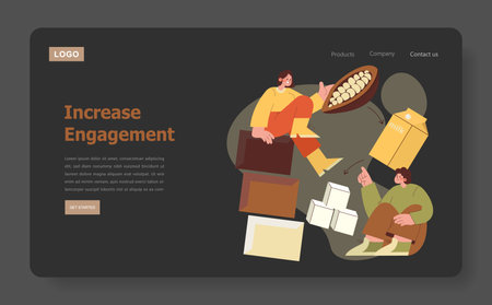 Vector illustration of two professionals in a creative workspace engaged in business collaboration. The scene includes various elements like milk cartons, packages, and cocoa beans to symbolize teamwork.のイラスト素材
