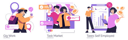 Vector illustration depicting individuals engaging with the gig economy and task market, showcasing...