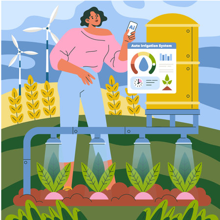 Vector illustration of a woman using a smartphone for AI-driven automated irrigation in an agricultural setting with wind turbines in the background, optimizing water usage efficiently.のイラスト素材