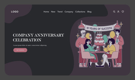 Vector illustration of a joyful company anniversary celebration. A group of diverse people gathers around a decorated table with a cake and wine, celebrating 10 years of success.のイラスト素材