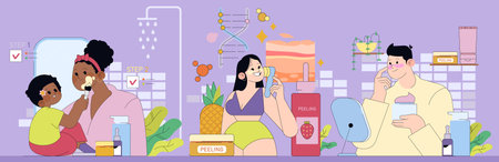 Skincare routine vector illustration featuring diverse individuals applying beauty products. Smiling and engaged in self-care, they demonstrate steps for healthy, glowing skin.のイラスト素材