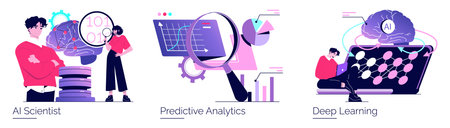 Vector illustration depicting AI, data analysis, and deep learning. Shows a scientist with AI elements, graphs for predictive analytics, and deep learning concepts with neural networks on a laptop.のイラスト素材