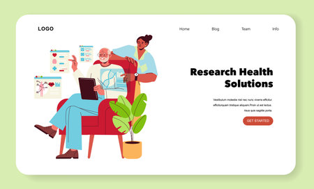 Elderly man sits with a healthcare professional discussing medical research. The doctor explains health solutions using illustrated graphs and charts. Engaged conversation over a tablet.のイラスト素材