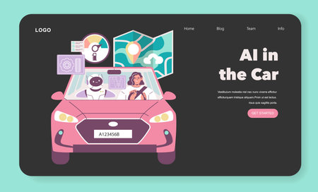 Vector illustration of a futuristic car driven by artificial intelligence, featuring a robot passenger and a human driver. Displays navigation and data interfaces, highlighting innovation.のイラスト素材