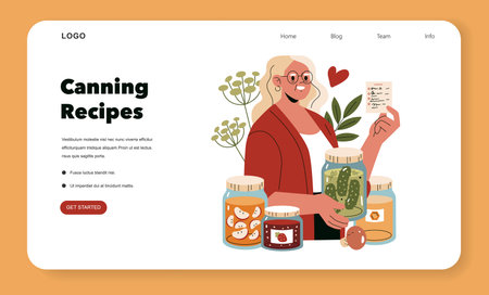 Vector illustration of a woman holding a list of canning recipes with jars of preserved food. Bright colors and creative design highlight the art of home canning and food preservation.のイラスト素材