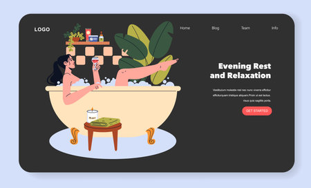 Vector illustration of a woman enjoying a relaxing bath with wine, surrounded by plants and candles. Ideal for concepts of relaxation, leisure, self-care, and evening indulgence.のイラスト素材