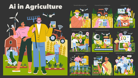 Vector illustration highlighting AIs impact on agriculture. Shows drones, automated machinery, data analysis, and crop monitoring, emphasizing technology integration in modern farming.のイラスト素材