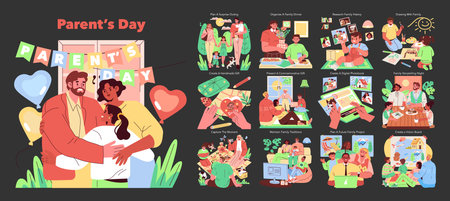 Vector illustration depicting a family celebrating Parents Day. The illustration includes various family activities like gifting, dining, and creating memories, highlighting togetherness and appreciation.のイラスト素材