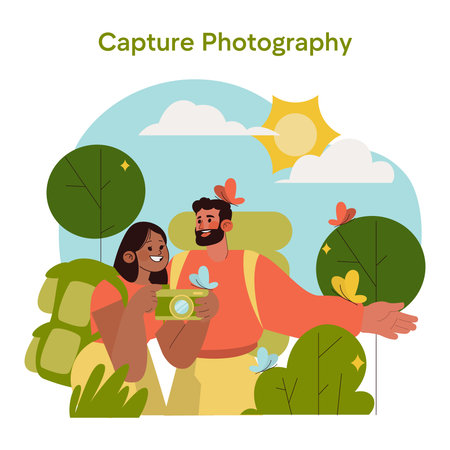 Smiling couple with backpacks taking photos in a sunny park setting, surrounded by nature. Vector...